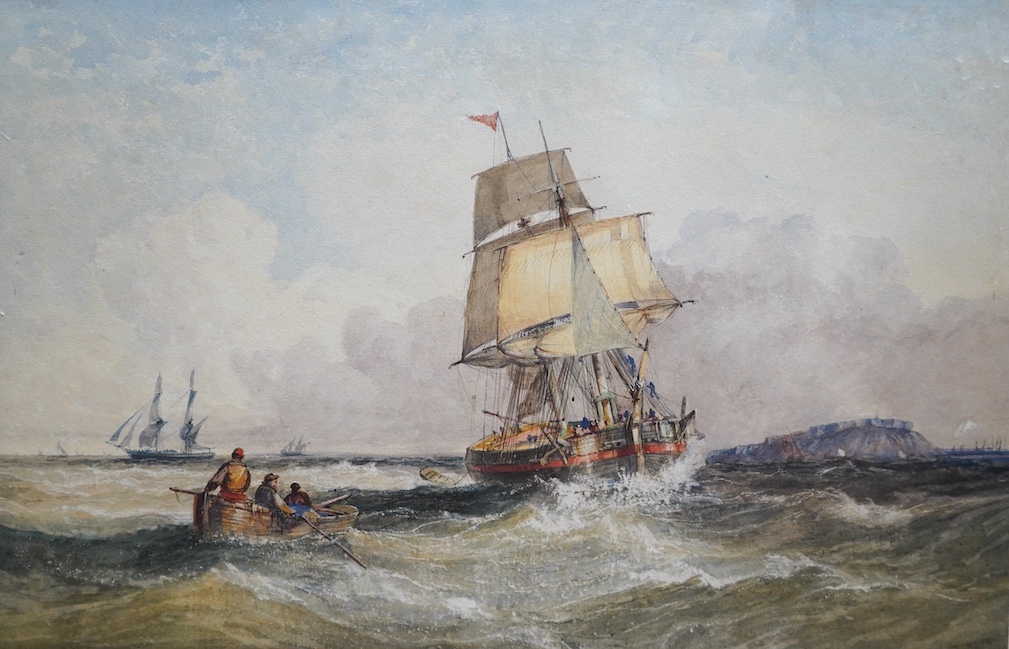 Attributed to William Adolphus Knell (1805-1875), watercolour, Seascape with sailing vessels off an island, unsigned, gallery label verso, 23 x 34cm. Condition - fair to good